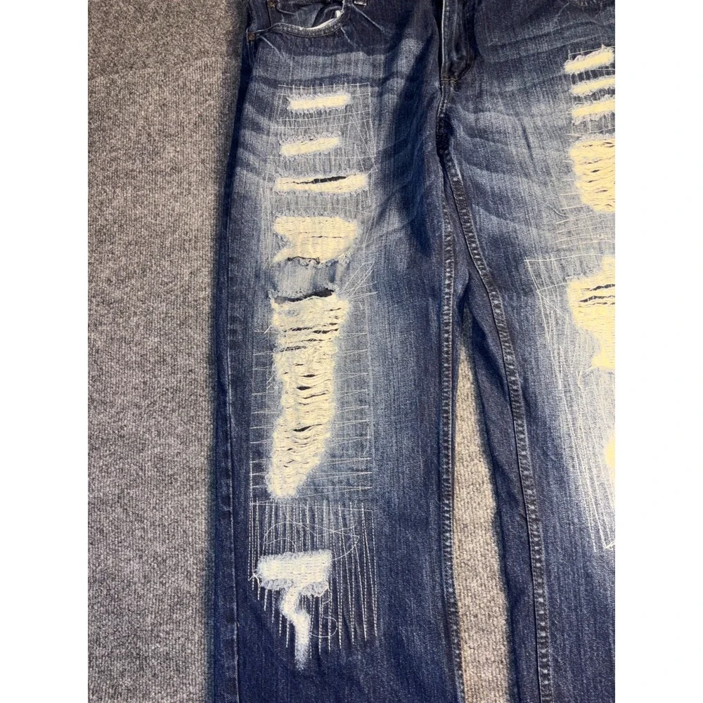 JEANIUS Akademiks Jeans Men 38 Blue Denim Stitch Distressed Stretch Straight Leg